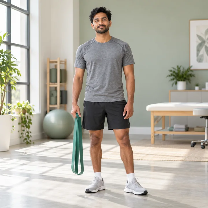 A South Asian adult athlete holding a resistance band in a bright physiotherapy studio