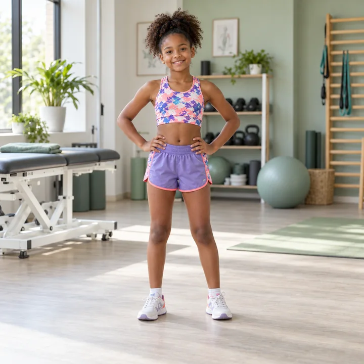 A smiling Black child athlete standing confidently in a bright physiotherapy studio