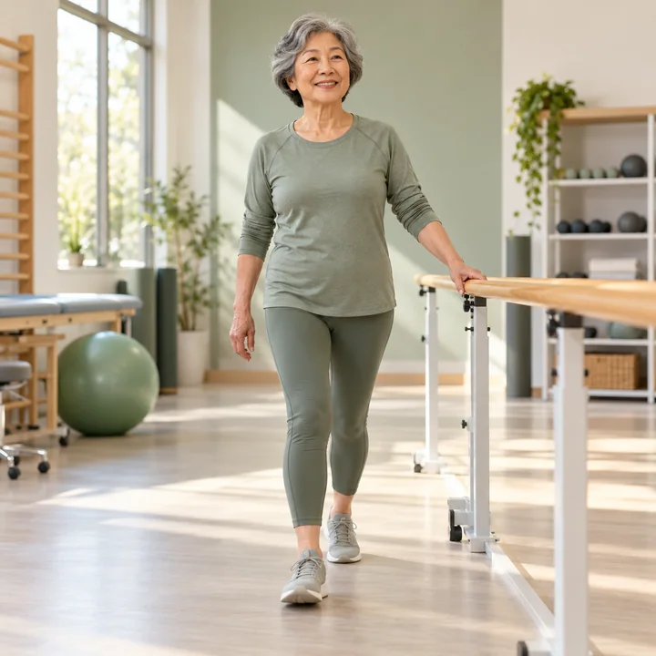 An East Asian older woman practising a supported walking step beside a balance rail