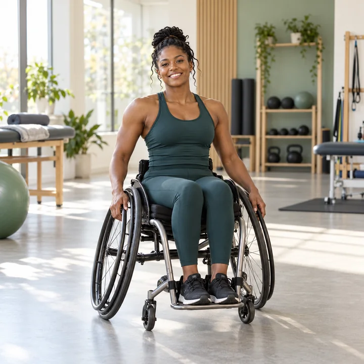 A Black wheelchair athlete in a bright physiotherapy studio